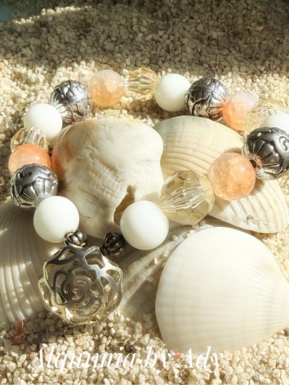 White jade peach quartz silver flower charms bracelet